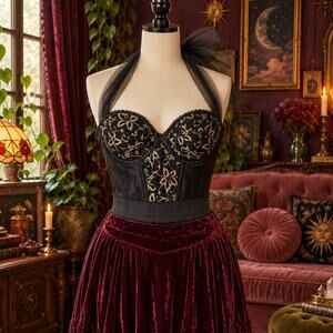Black Gold Floral Lace Low Back Halter Bustier Corset Vintage